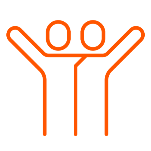Cartoon icon of two figures hugging with arms up