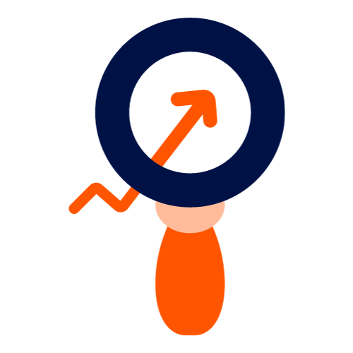 Cartoon icon of magnifying glass with up arrow