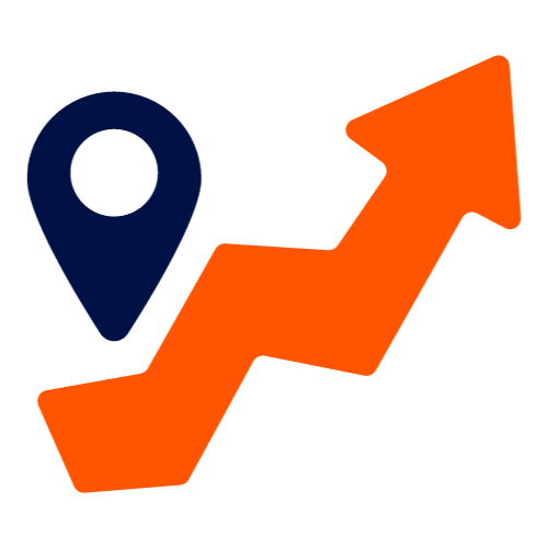 Cartoon icon of map pin with up arrow