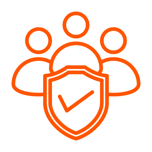 Cartoon icon of three figures with badge with tick